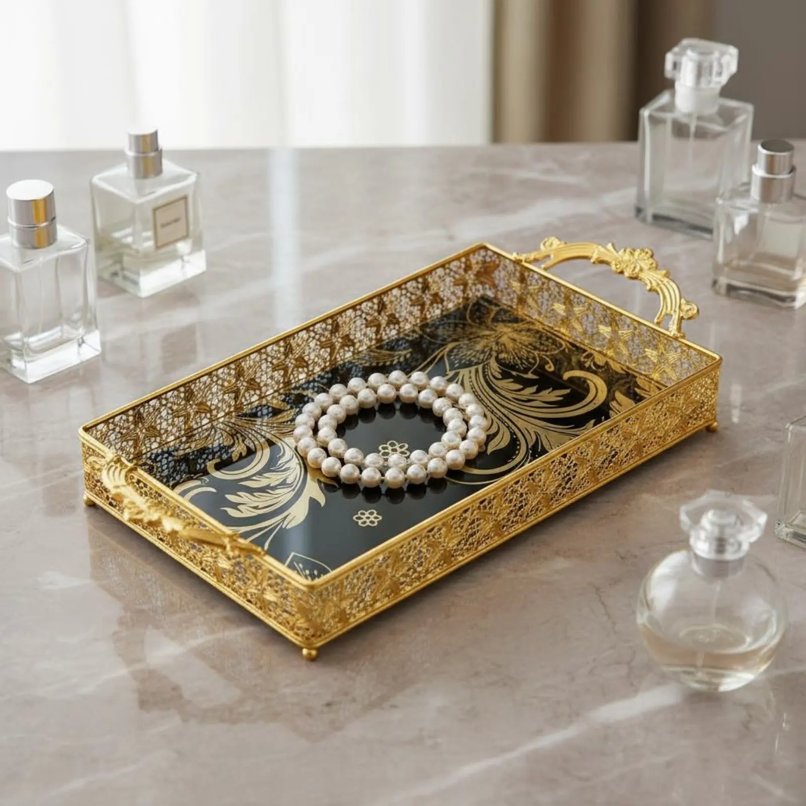 Gold Filigree Tray Hollow out Design Ornate Glass Tray House Decoration Double Handle Home Decor Retro Design