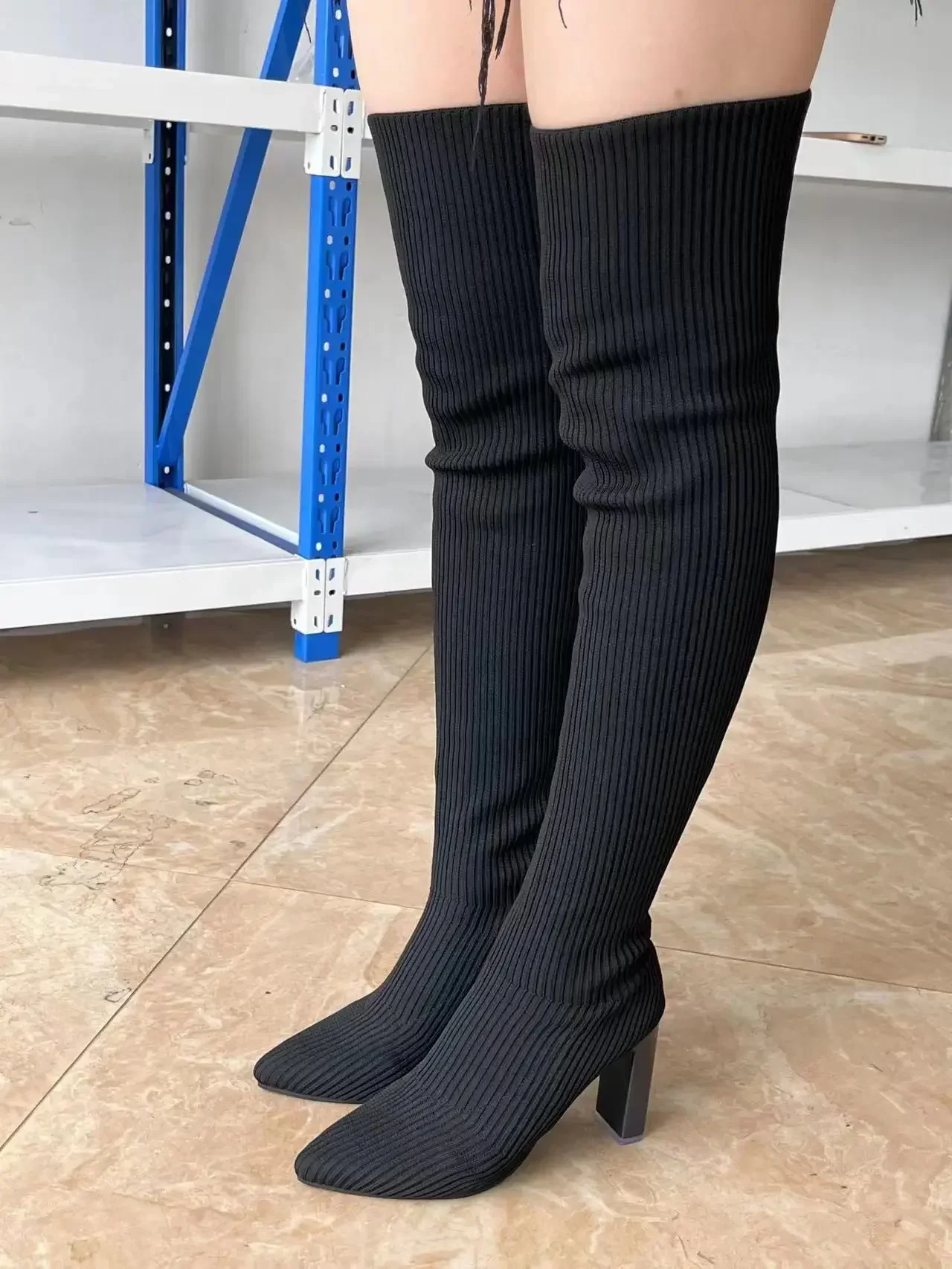 Botas por encima de la rodilla de punto de tacón alto grueso puntiagudo para mujer, calcetines de lana elásticos, botines et bottes, otoño e