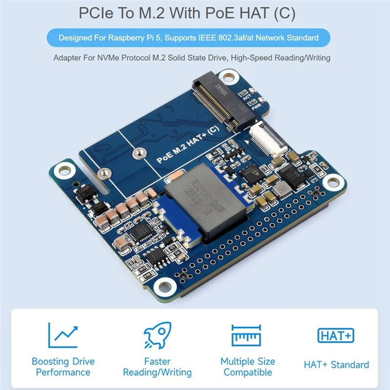 

【Hot Selling Items】M. 2 HAT+ Adapter With POE Function For Raspberry Pi 5,Supports Nvme Protocol High-Speed Read M. 2 Solid-Stat