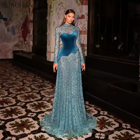 SUKUHANG Luxury Blue Beaded Evening Dress Long Sleeves Tulle Party Dresses for women Dubai Customized