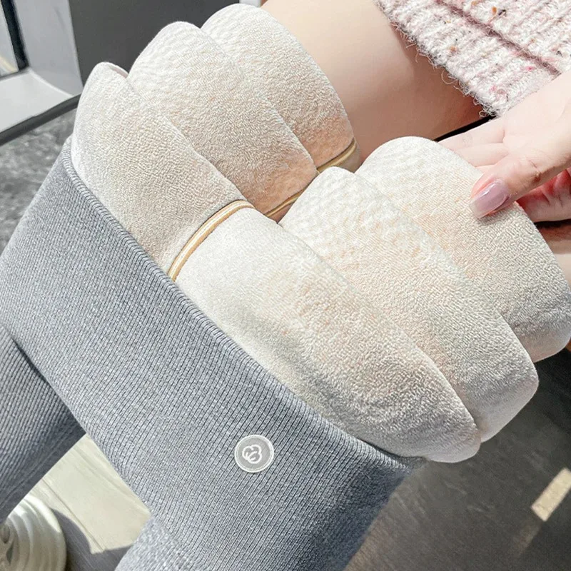 400g Solid Color Ribbed Plus Fleece Leggings Women Fall Winter Simple Versatile High Waisted Leggings Slim Warm Leggings Female