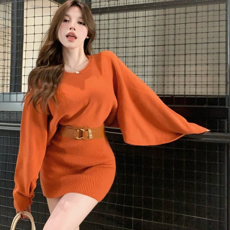 جديد الفرنسية Batwing كم فساتين صغيرة النساء خمر س الرقبة محبوك فساتين الخريف الخصر محرك سليم التفاف الورك فستان للمرأة #1