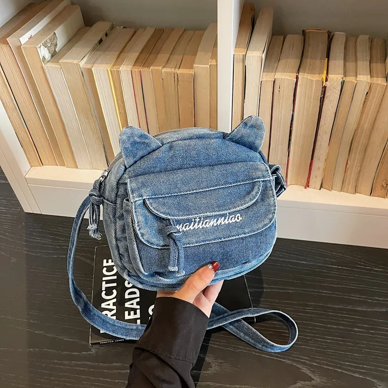 

New Cute Cat Ears Denim Mini Crossbody Bag Women Casual Simple Shoulder Bag Fun Coin Pouch Travel Outdoor Y2K Small Wallet Purse