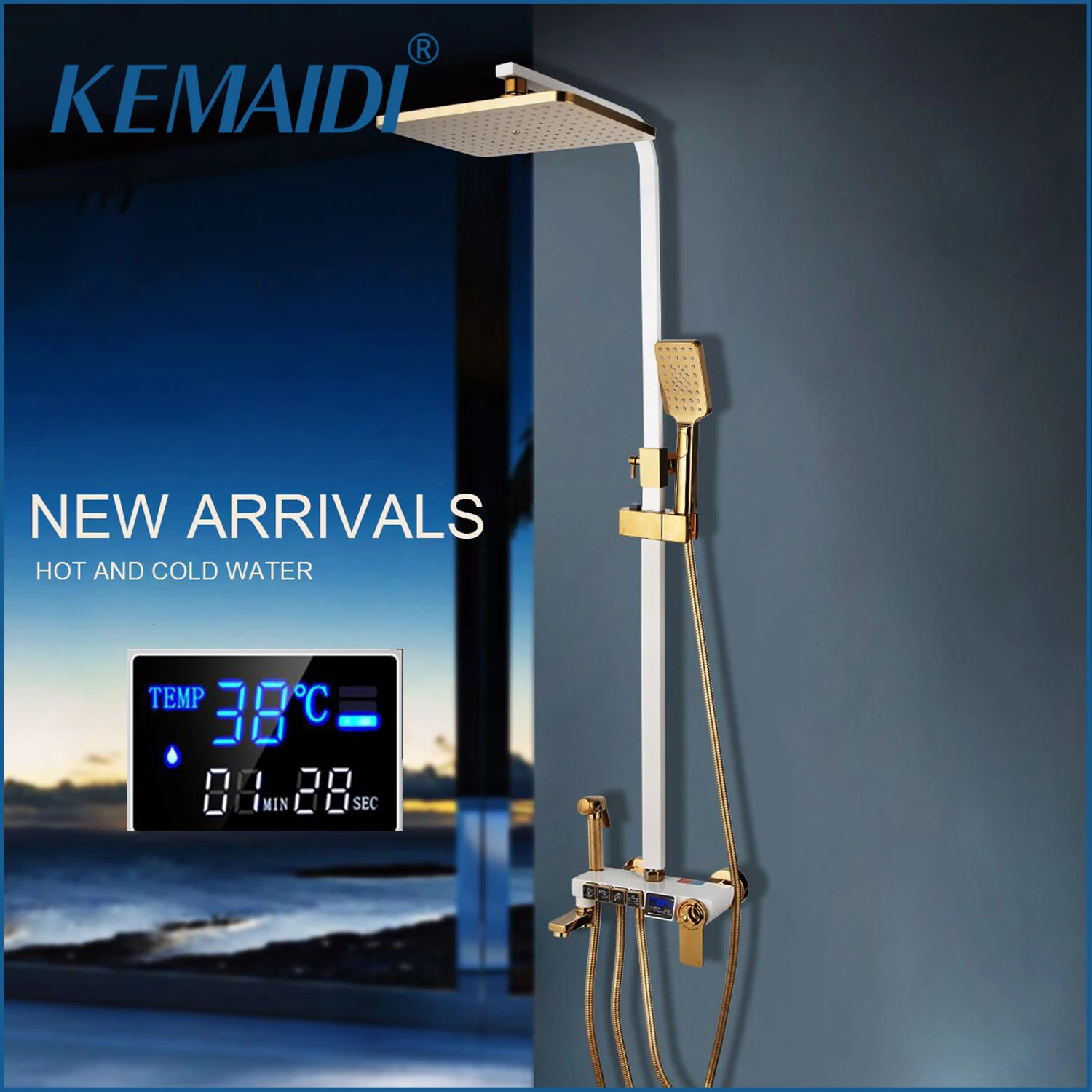 KEMAIDI White & Golden Plated Bathroom Shower Set Digital Display Rainfall Shower Bath Mixer Faucet Wall Mount Black Golden Tap