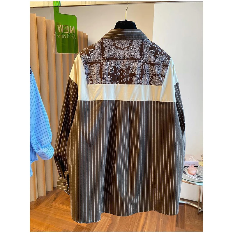 2024 New Design Sense Print Stitching Striped Long Sleeve Lapel Shirt Female Chinese Style Retro Comfortable Casual Print Shirt