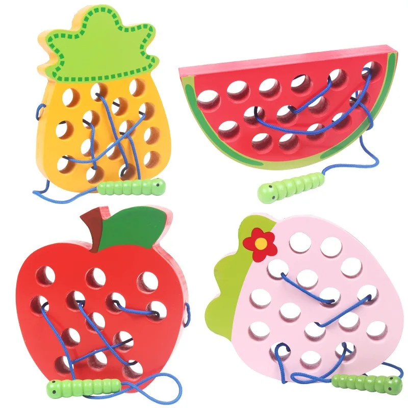 

Wooden Worms Eat Fruit Baby Threading Caterpillar Fruit Rope Game Children's Early Education Educational Toy Boys and Girls Gift
