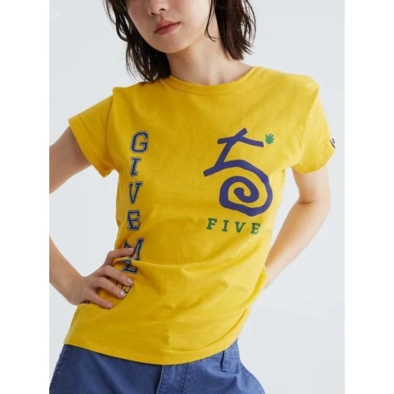 Dopamine Digital Retro Letter Printed Tee Shoulder Slimming Bamboo Cotton Round Neck Short Sleeved T-shirt Футболка Смешная