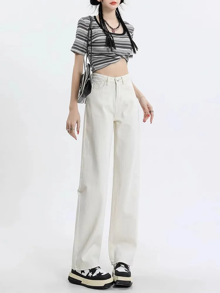 Pantalones vaqueros de pierna ancha de cintura alta adelgazantes para mujer, pantalones vaqueros blancos de verano con sentido colgante fino, pantalones vaqueros elásticos de algodón, tubo recto hasta el suelo