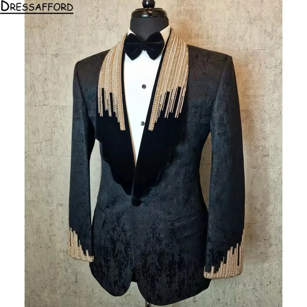 Black Jacquard Men's Suits Fashion 2 Pieces Sets Groom Prom Blazers Gold Crystal Beading Decoration Tuxedos Men