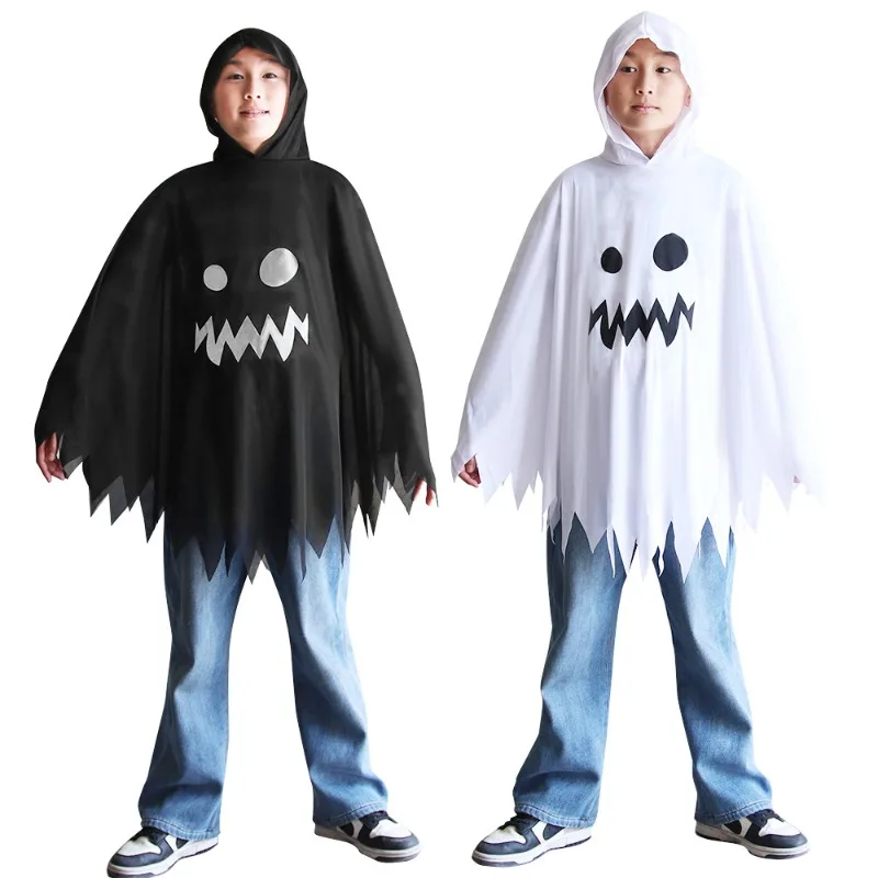 halloween white ghost cloak with scary face print party costume grim reaper cape cosplay decorative outfit