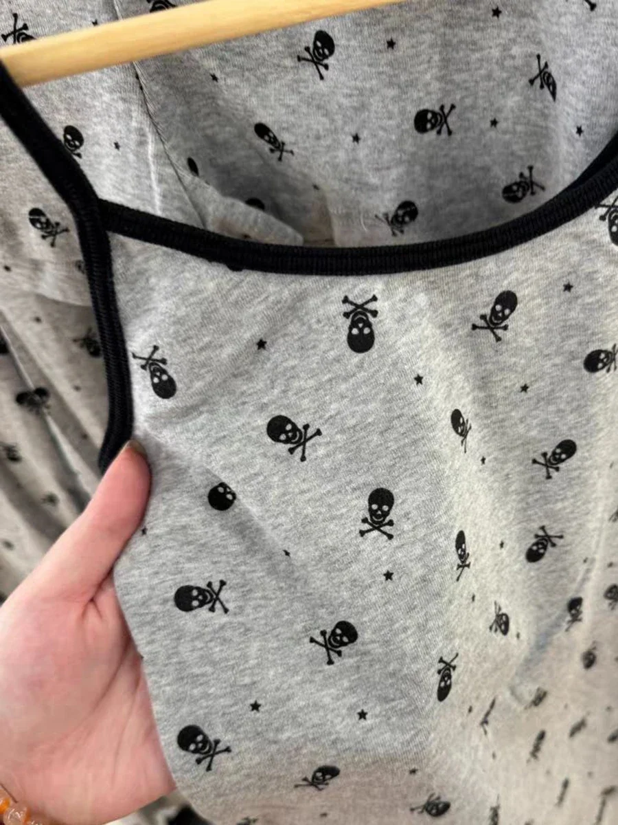 Women Skull Print Gray Vest Pants 2 Pieces Set Summer Cotton Slim Tank Top High Waist Straight Pants Casual Vintage Pajama Sets