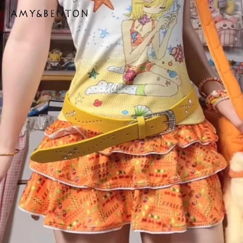 

Japanese Orange Floral Women's A-line Skirt Summer Design Low Waist Thin Kawaii Cute Sweet Multi-layer Cake Short Skirts Ladies