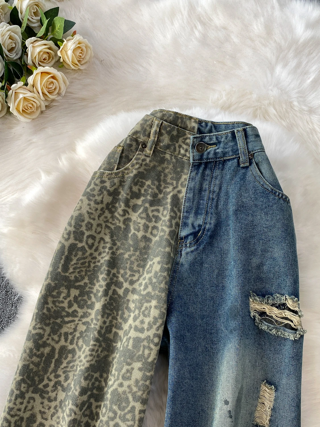 Faionable Leopard Print Patchwork Distred Denim Wide Leg Pants Women Winter Hot Girl High Waist Slim Straight Long Trousers