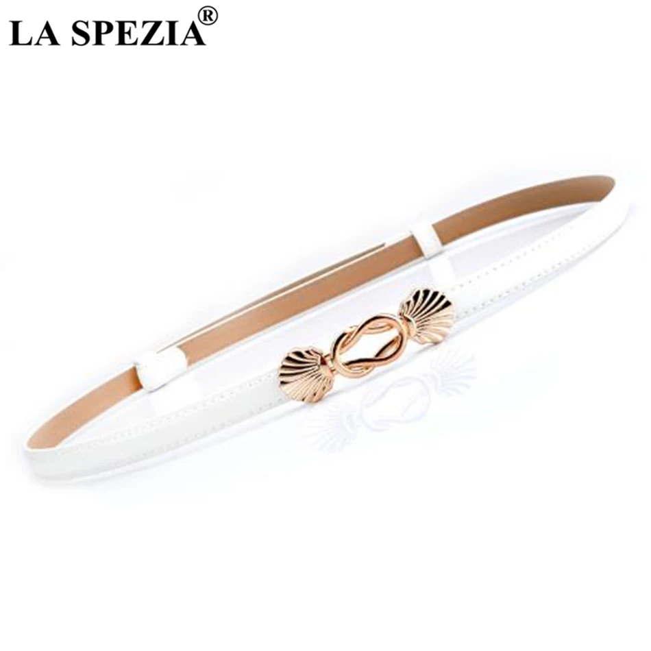 LA SPEZIA Thin Women Belt Double Buckle Blue Ladies Dress Belts Fashion Real Leather Cowskin Female Brand Narrow Waist Belts