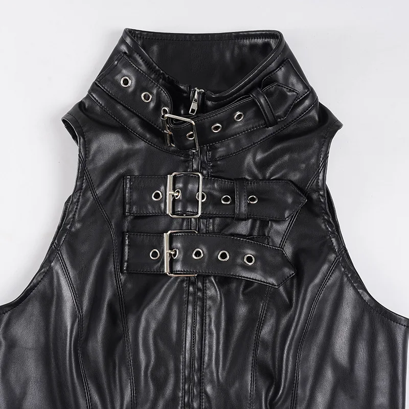 Punk Street Style Spice Girl Turtleneck Metal Buckle Pu Leather Vest Slim Fit S… - Image 6