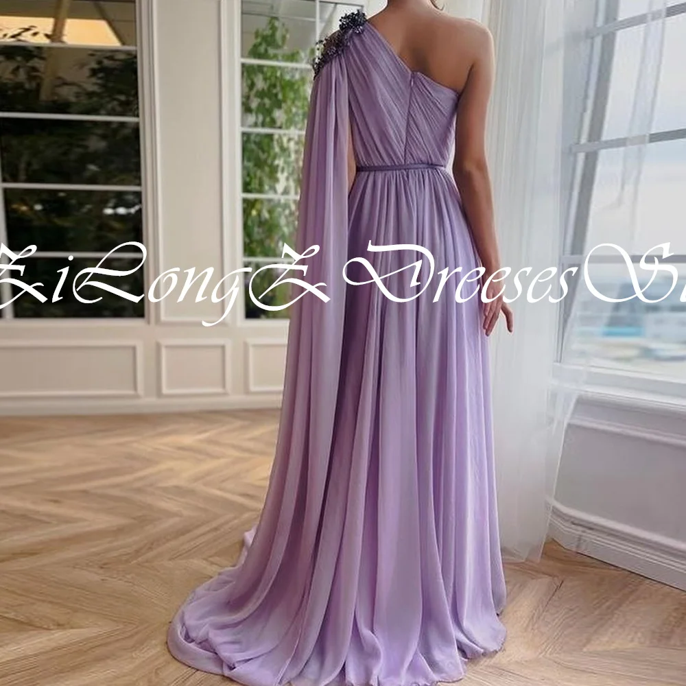 Saudi Arabia Long Beaded Evening Gowns Sashes One Shoulder Side Silt Ribbons Zipper Back  Sleeveless Watteau Train Solid Color