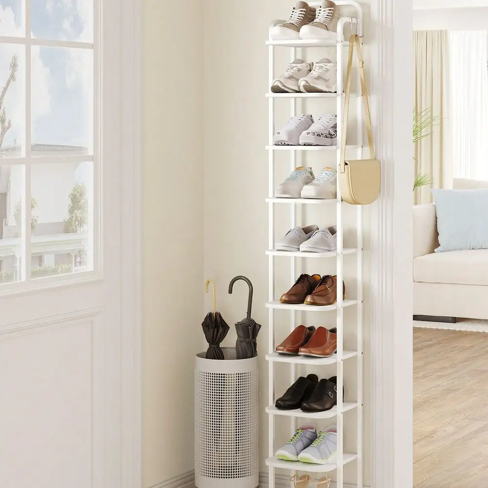 

HaluPeit 10 Tiers Vertical Shoe Rack, Narrow Shoe Tower, Tall Shoes Shelf With 2 Hooks, Adjustable Shelves, Corner Shoes Shelve