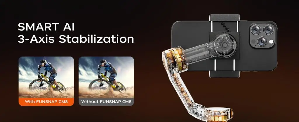 FUNSNAP CM8 3-Achsen-Handgimbal-Stabilisator für iPhone und Android, zusammenklappbarer Handstabilisator für Smartphone-Videoaufnahmen, 8–10 Stunden Akkulaufzeit für Vlogs mit KI-Gesichtsverfolgung – Detail 4
