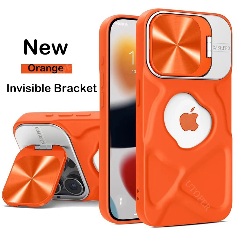 New Fashion Logo Hole Magnetic Flip Bracket Case for iPhone 15 14 13 12 11 Pro Max Plus Wireless Charging Lens Protection Cover