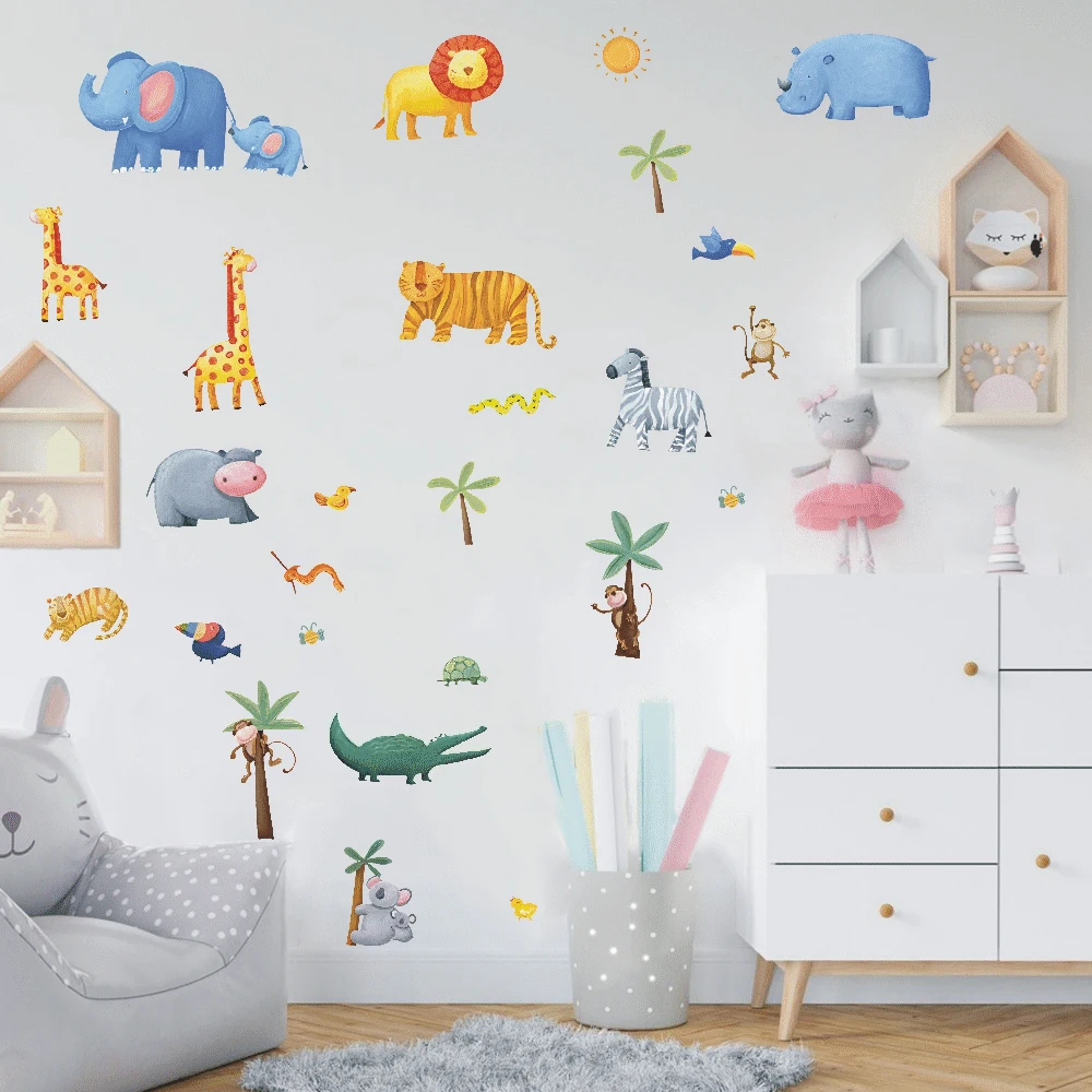 Cartoon Safari Jungle Animal Tree Wall Stickers  Giraffe Tiger Lion Wall Decals Bedroom Home Decor