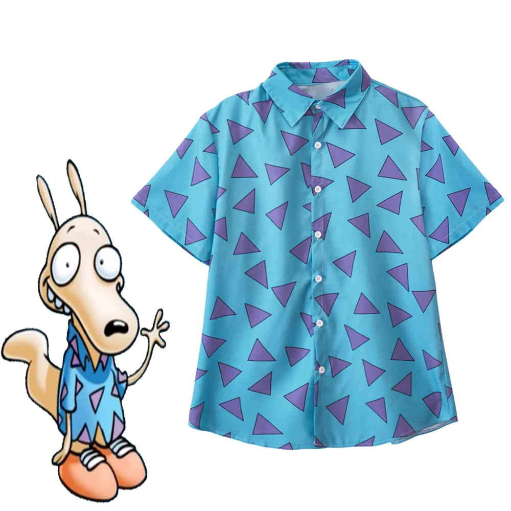 Anime Rocko's Modern Life Cosplay Rocko Costume Men's Casual Triangle Printed Button Down Shirt 90's Summer T-shirt Halloween