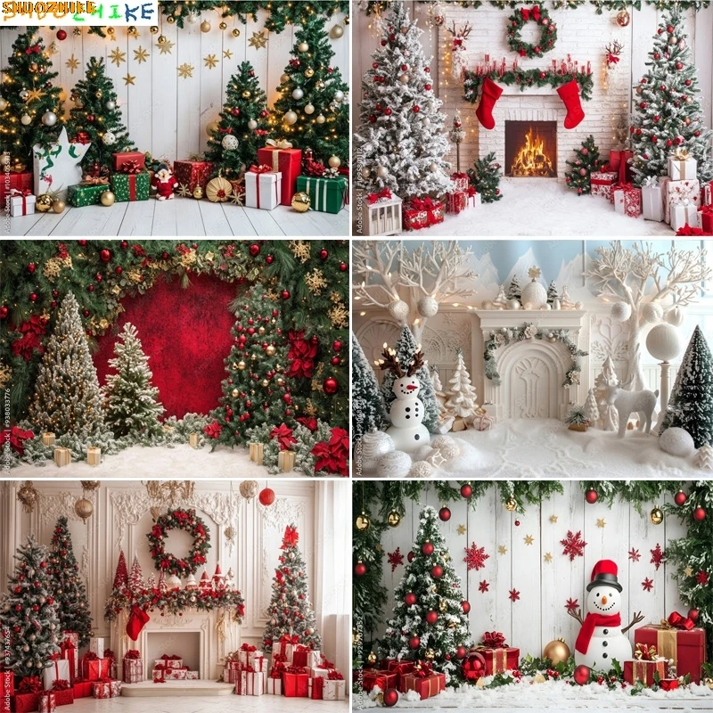 

Festive Christmas Room Fireplace Photography Backdrops Winter New Year Holidays Party Xmas Tree Window Photo Background BR-03