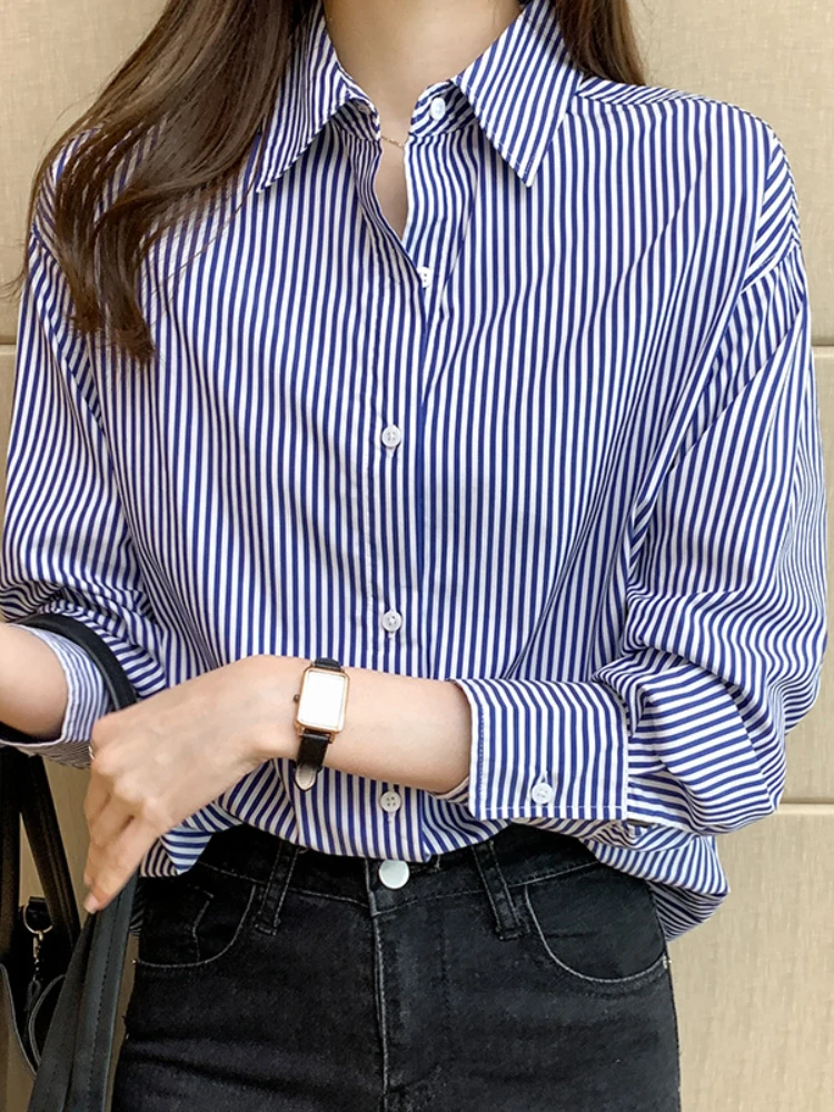 2024 Trends Summer New Women\'s Striped Shirt Korean Fashion Elegant Loose Ladies Blouses with Buttons Long Sleeve Women Tops