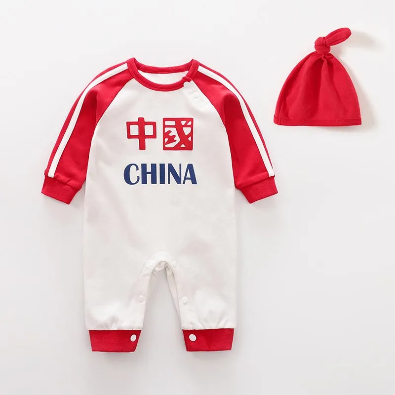 

Baby Long Sleeved Jumpsuit Simple Chinese Text Pure Cotton Comfortable Baby Spring And Autumn Clothing Daily Clothes
