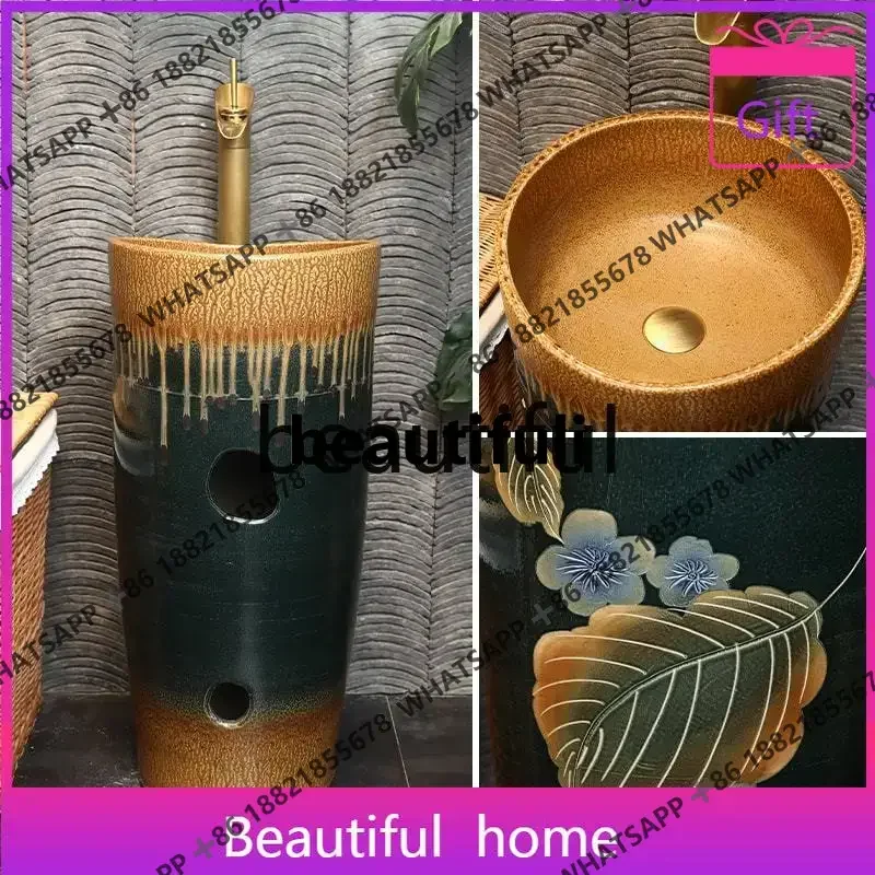 

Retro courtyard balcony household column type integrated floor type hand washing pool basin