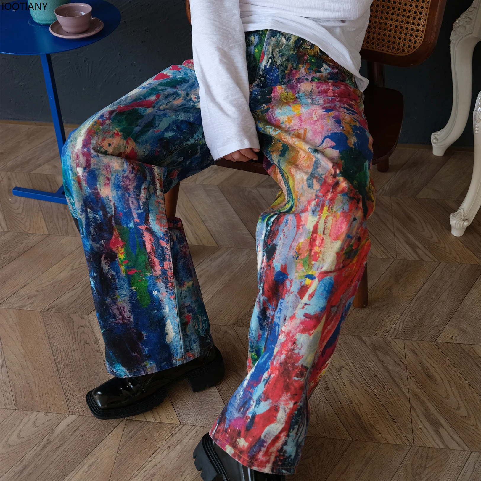 

Aesthetic Painting Women's Loose Jeans Oil Painting Colorful Print Graffiti High Waist Wide Leg Pant Trousers Unisex Street Wear