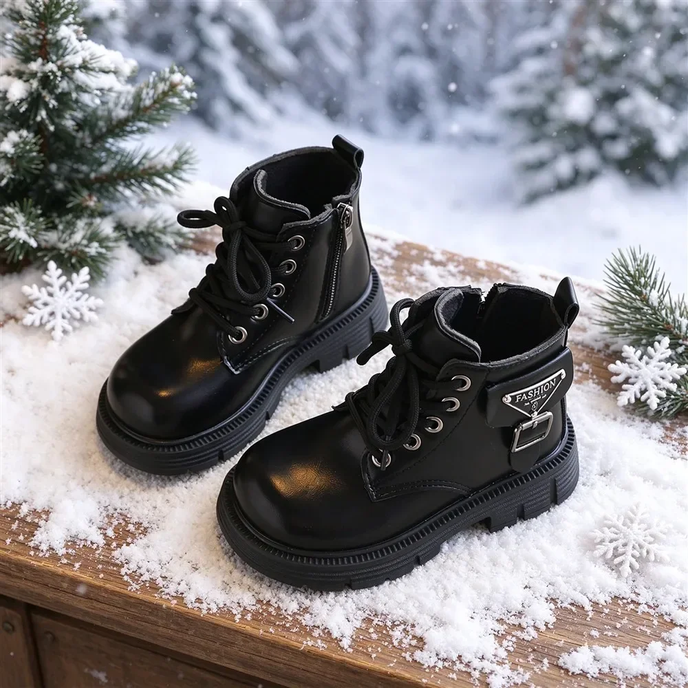 Kids Fleece Lined Ankle Boots, Lace-up & Side Zipper, Metal Label Decor, Non Slip Thick Sole Boots for Winter Daily Walking Wear