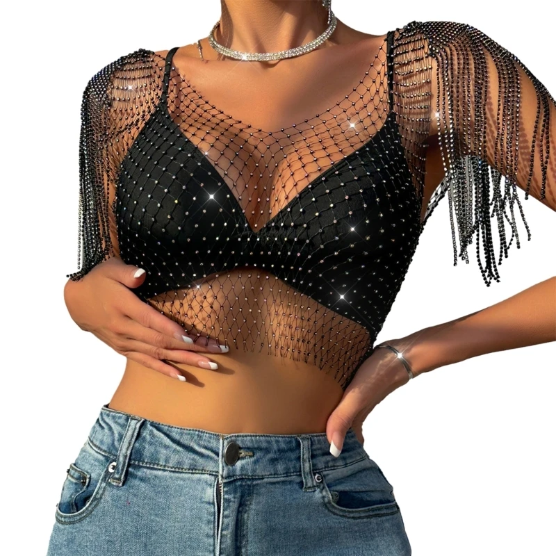 Women Sexy Rhinestones Mesh Tanks Top See Through Hollow Crop Top Party Clubwear