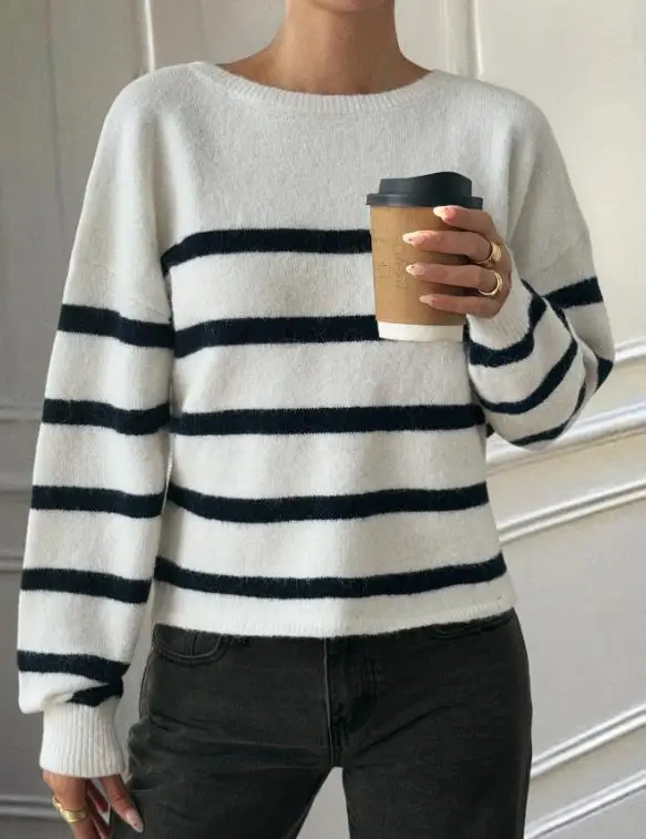 

Round Neck Striped Casual Long Sleeved Sweater, Autumn and Winter Women's Casual Simple Backless Fashionable Knitted Sweater