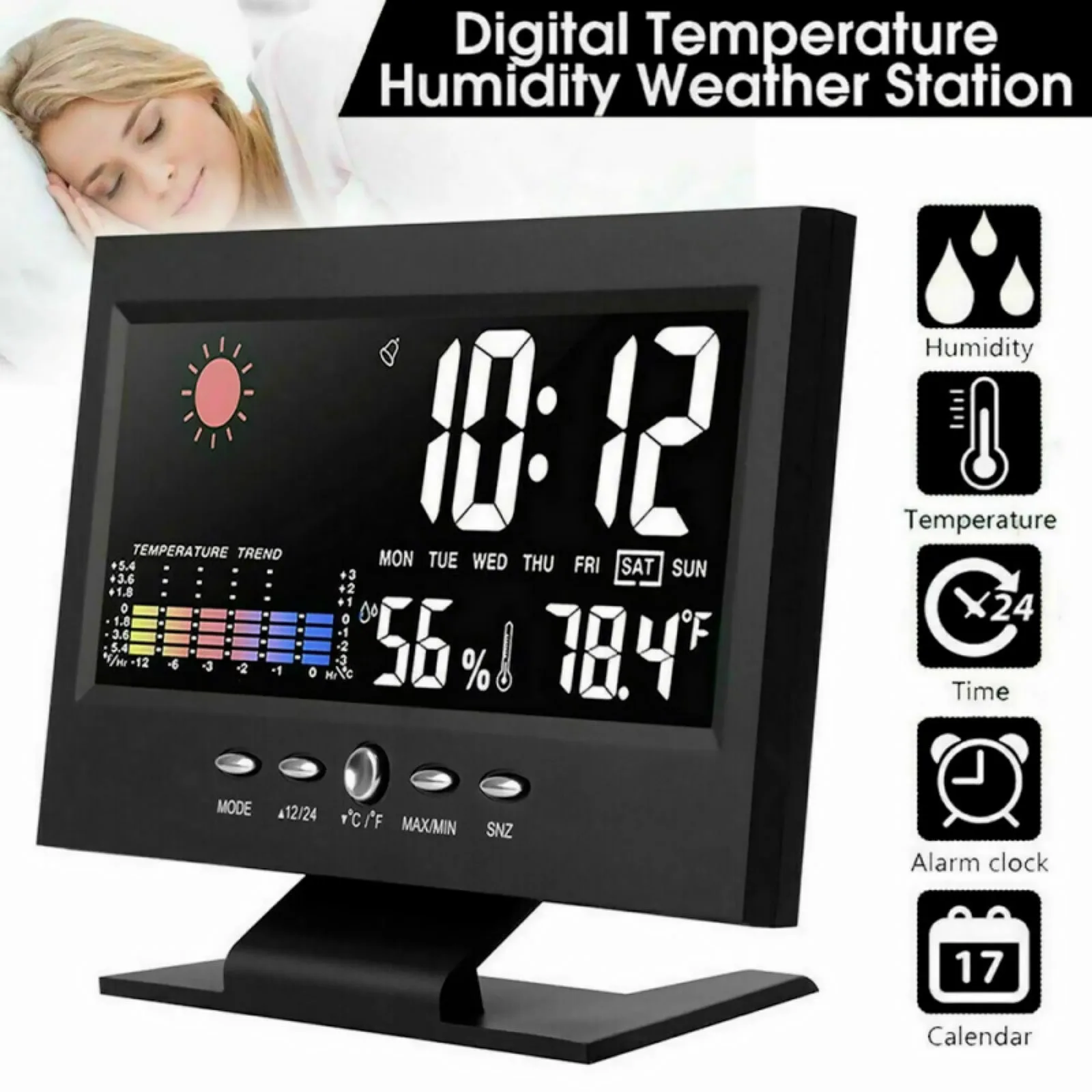 LED Digital Alarm Clock Weather Station Temperature Humidity Display Voice Control Backlight for Bedroom Desk Home