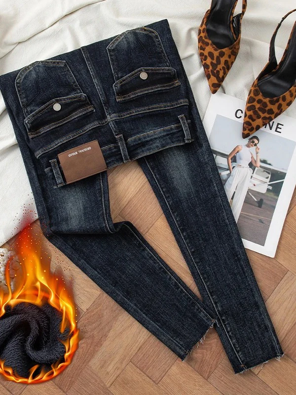 

Women's Fce Lined Pencil Jeans High Waist Thiened Stretchy Slim Fit Bootcut Trousers Autumn Winter New Sle 2025