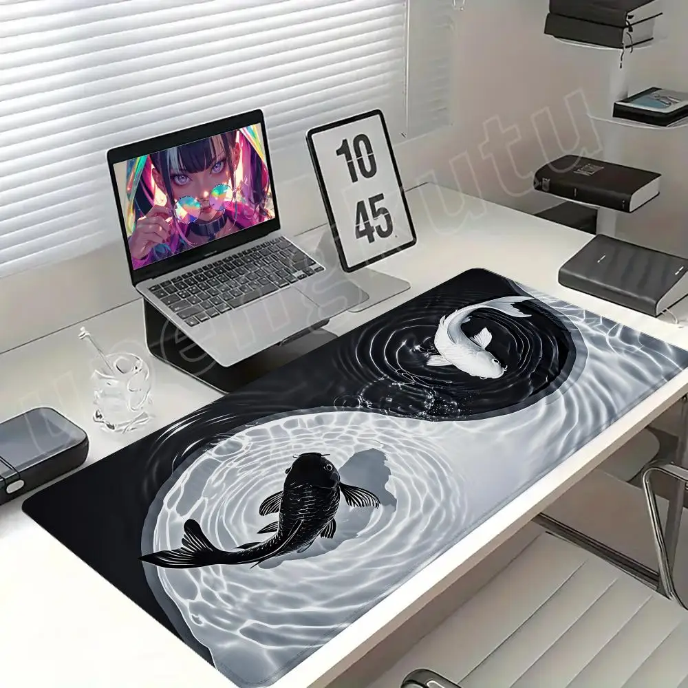 Japanese Desk Mat Black & White Mouse Pad 1200x600 Koi Fish Japan Art Seal Yin-yang fish Large Gaming Deskmat Rubber Mousepad