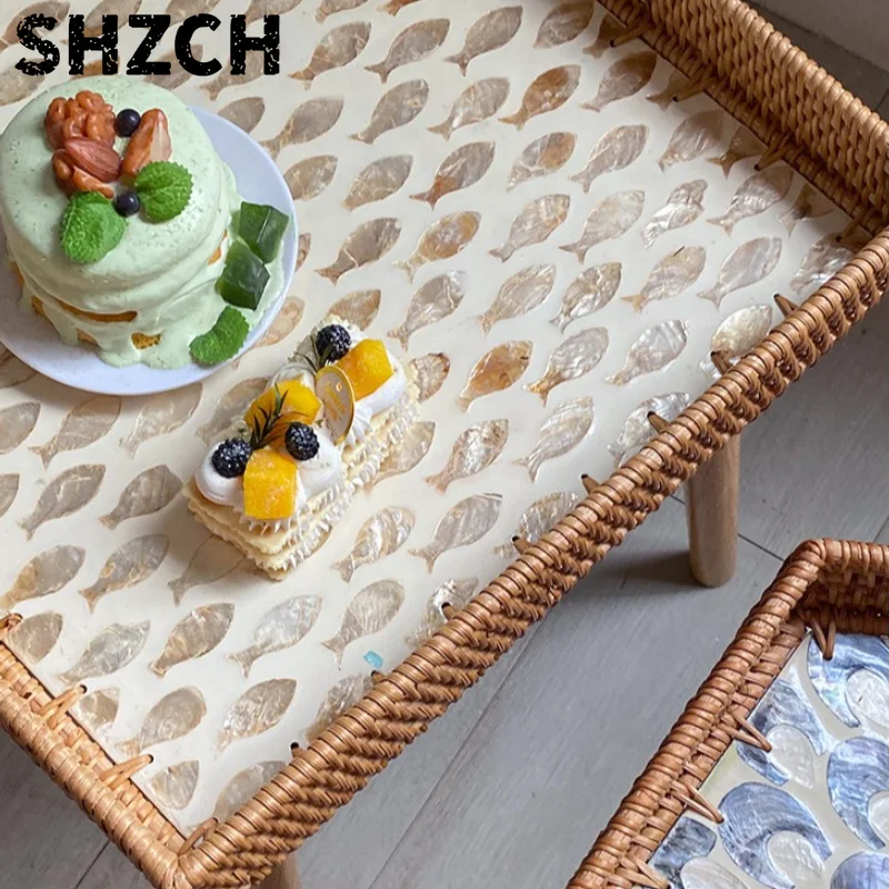 Handwoven Rattan Side Table Multicolour Pearl Inlaid Fruit Tray Modern Advanced End Tables Coastal Style Living Room Furniture
