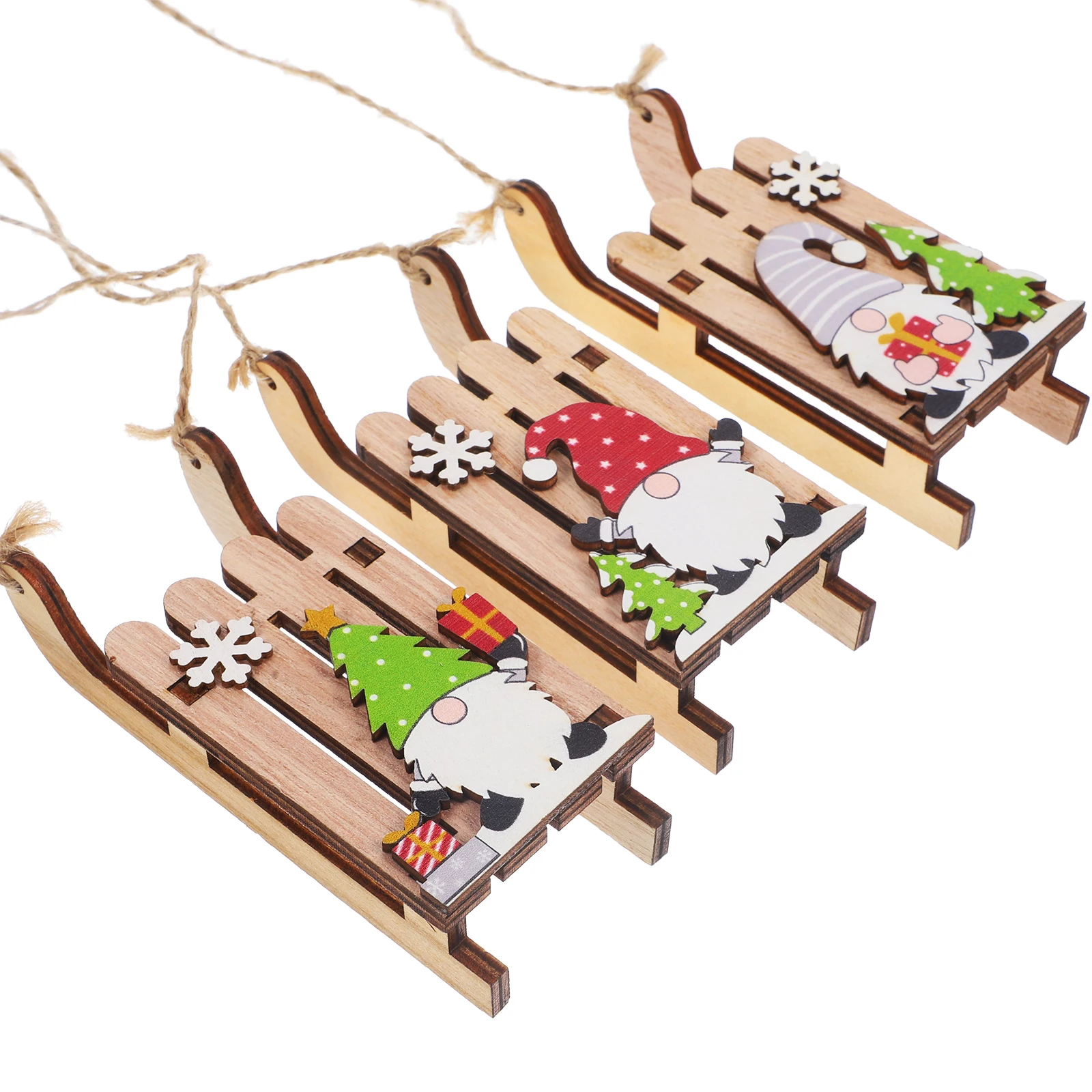 

3 Pcs Christmas Tree Hanging Sleighs Decorative Wood Gnomes Xmas Pendant Home Office Party DIY Red Green Santa Smooth