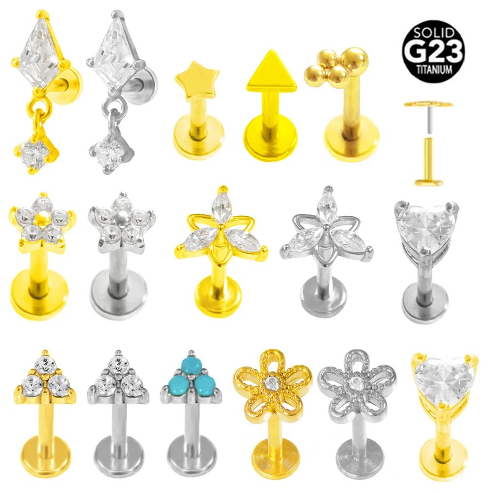 ASTM F136 G23 Titanium Pendant Star Heart Earring Stud Push In CZ Threadless Labret Piercing 16/18/20G Cartilage Body Jewelry