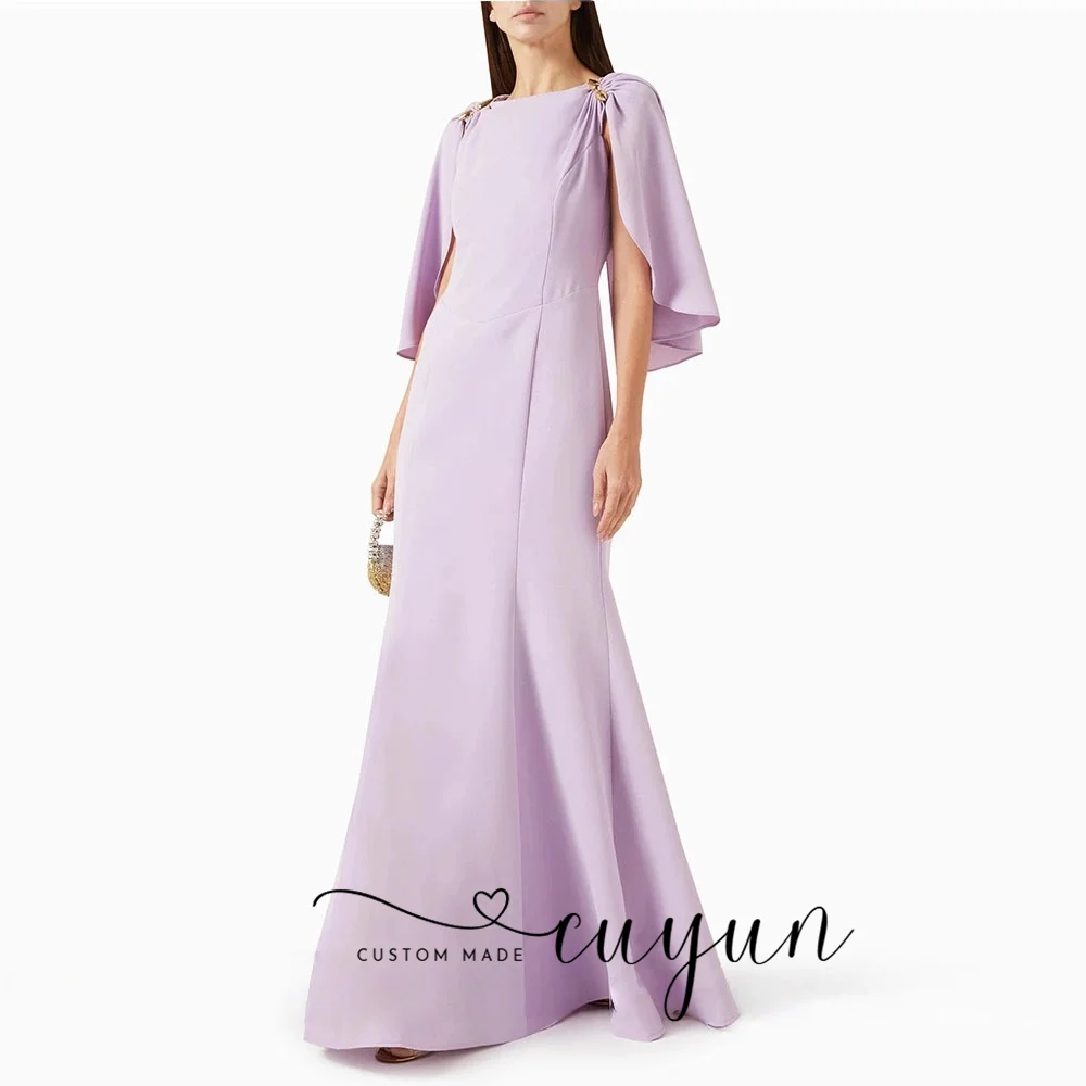 CUYUN personnalisé élégant col rond robe de soirée femmes longueur de plancher robe de bal manches cape robe de soirée formelle lilas robe saoudienne