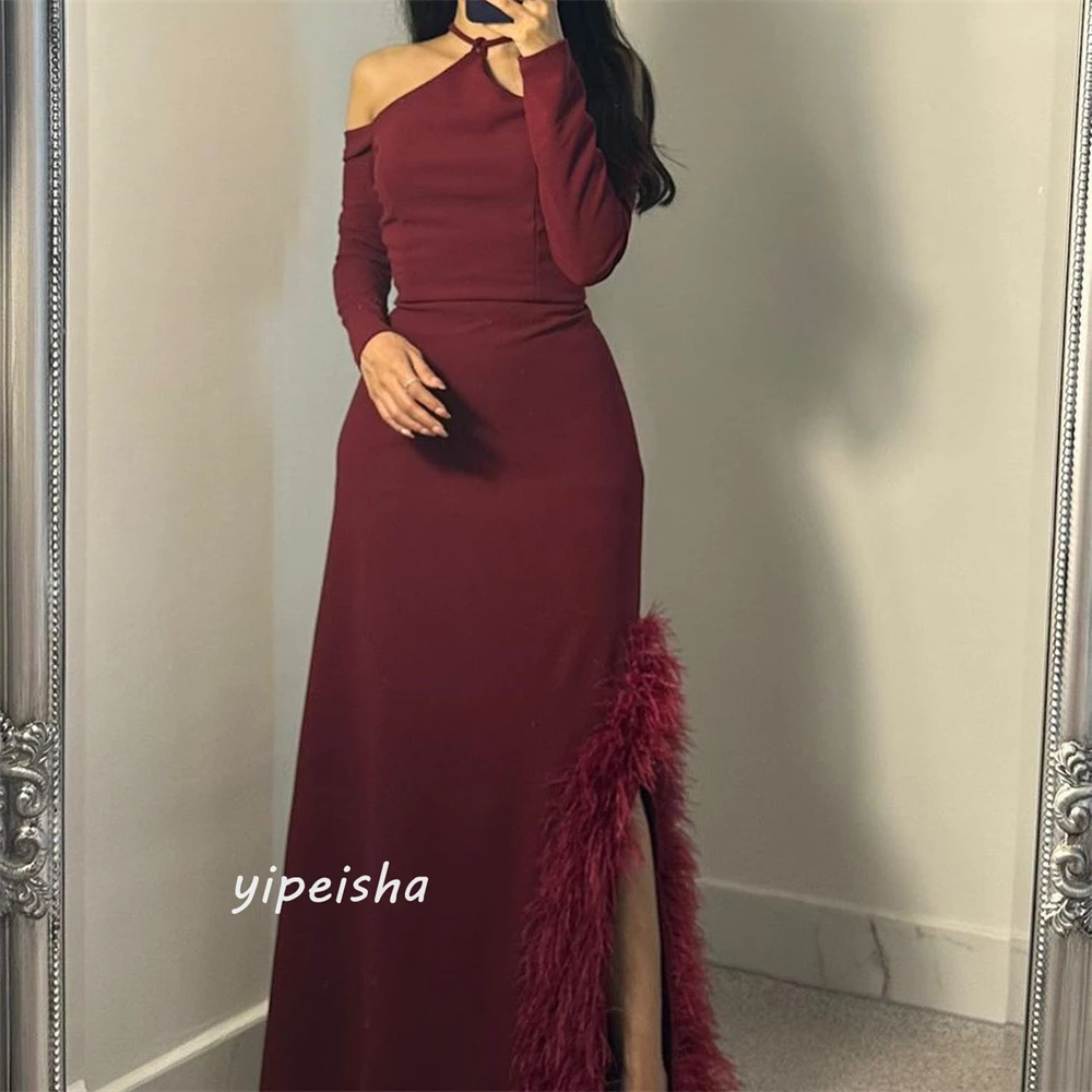 Prom Dress Saudi Arabia     Satin Feather Wedding Party A-line Halter Bespoke Occasion Gown Long es