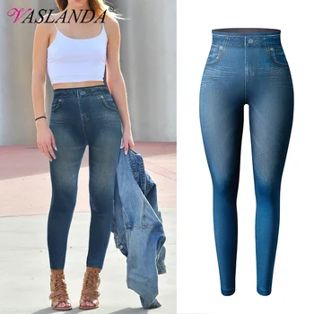 Vrouwen jeggings faux denim jeans leggings hoog getailleerde buikcontrole slanke leggings bedrukte potloodbroek naadloze skinny broek