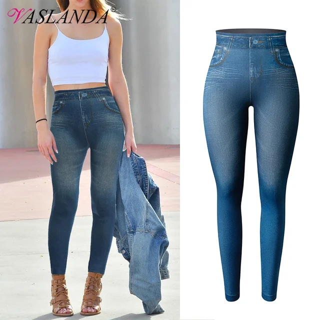 Damskie Jeggings Faux Denim Jeans Legginsy z wysokim stanem Tummy Control Slim Legginsy z nadrukiem Spodnie ołówkowe Bezszwowe spodnie skinny
