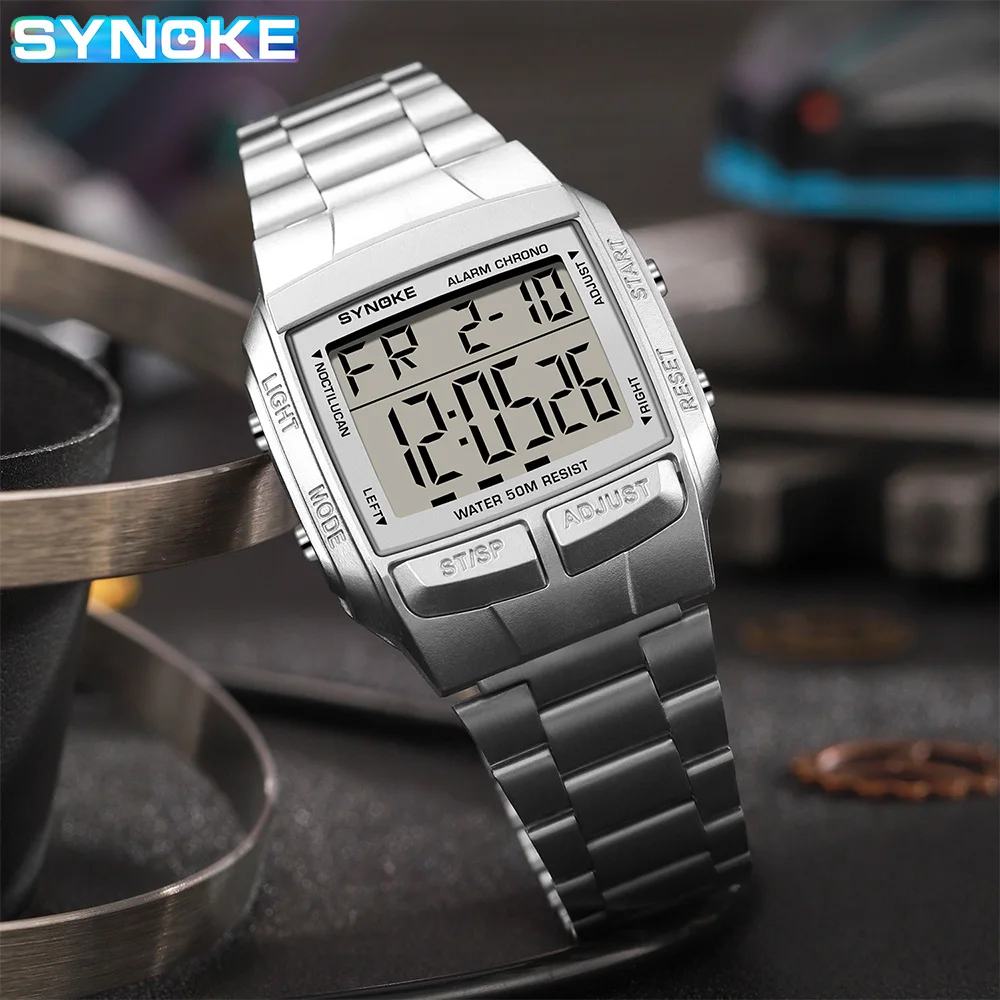 Top Luxury Stainless Steel Strap Sport Watches Mens Waterproof Back Light Digital Wristwatch Male Alarm Retro Watch Fashion