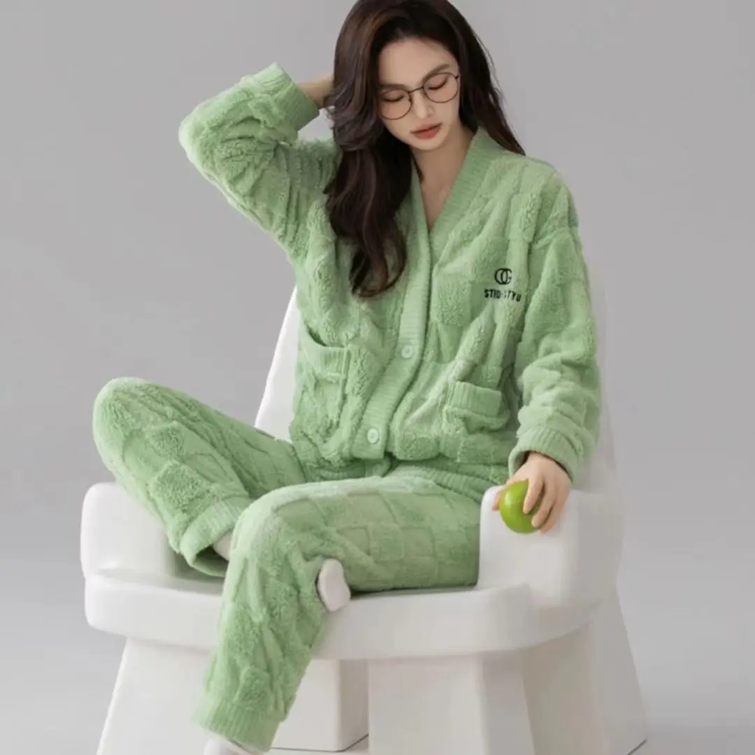 Nachtkleding Vrouwen Knoop Vest Pyjama Sets Lange Mouwen Flanel Warme Herfst Winter Homewear Sets Kawaii Kleding Dik Los