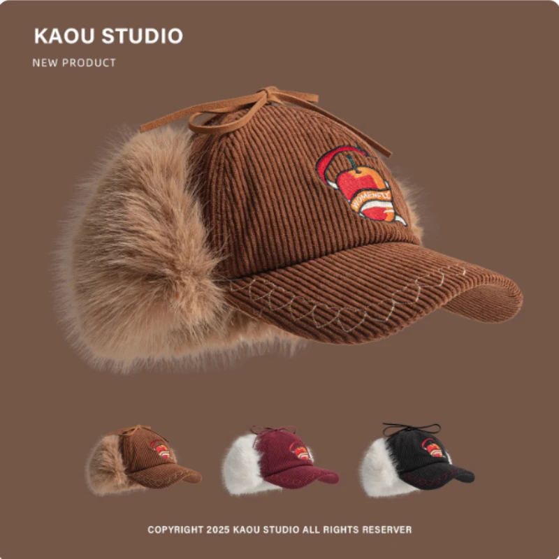 

American Winter Retro Lined Fleece Baseball Cap Men's and Women's Corduroy Embroidered Thickened Warm Ear Protector Bomber Hats