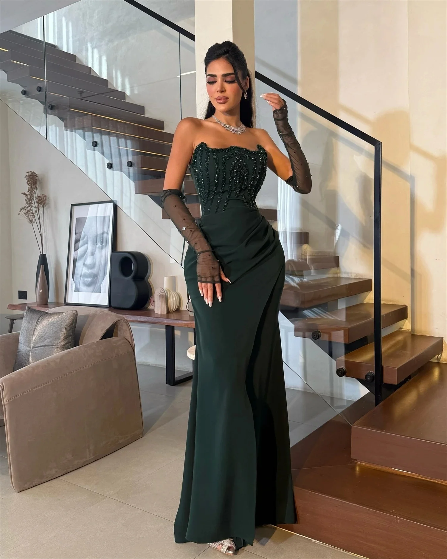 

Green Beaded Strapless Long Bespoke Occasion Gown Evening Dresses Prom Pastrol Unisex Jersey Retro Dubai Saudi Arabic Customized