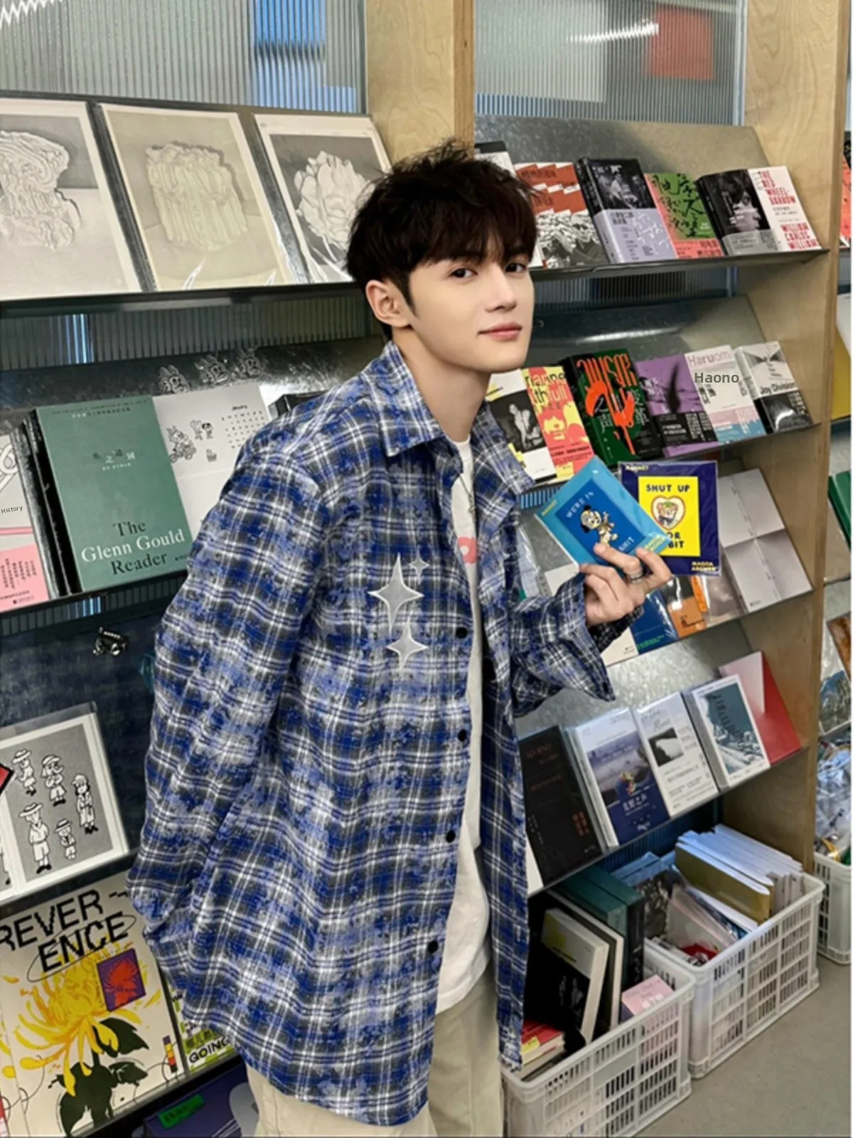 

Tie-Dye Blue Early Spring Plaid Men's American Sle Long Sve irt Cleanfit Top Trendy Brand Spring 2024 Loose Fit Teenag...