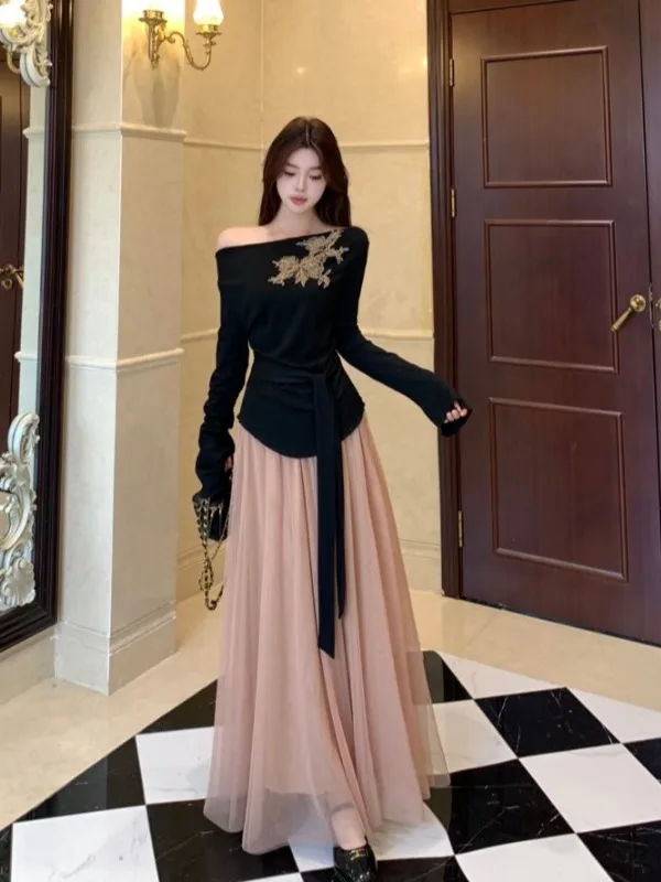 

plus Size Women's Long Sve T-irt Ele off oulder Me Skirt Faionable Commute High Waist A-Line Skirt Autumn New ...