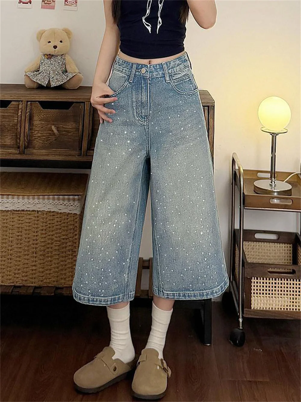 Light Blue Wash Rhinestone Jeans Women'S Summer New Plus Size Loose Slim Wide Leg Seven-Five Denim Pants Casual Pear Body Shape